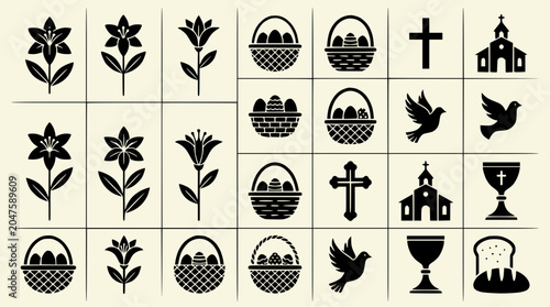 Fotografía Easter religious symbols icons set, cross, church, lily, basket, dove, chalice,