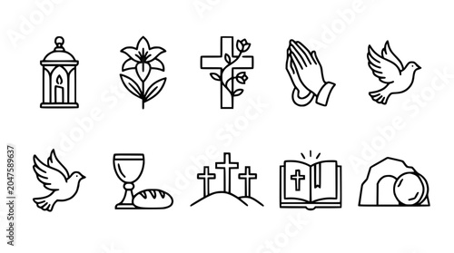 Foto Christianity Icons Set: Cross, Dove, Bible, Lily, Praying Hands, Holy Grail, Eas