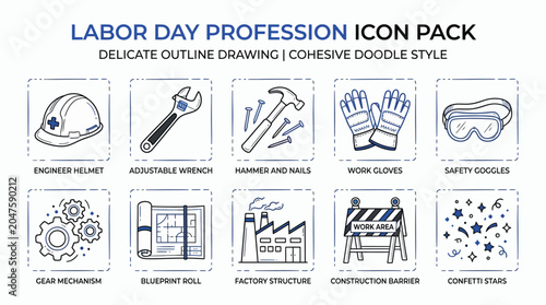 Tableau sur toile A collection of Labor Day profession icons in a delicate outline doodle style, featuring industrial tools, safety gear, construction elements, and factory structures