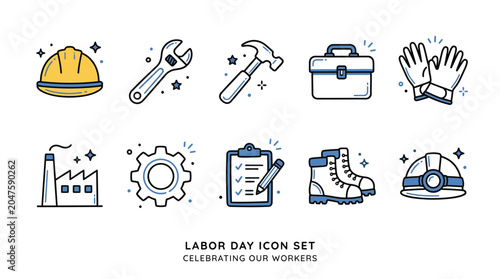 Tableau sur toile A set of ten Labor Day themed icons featuring industrial tools, safety gear, and factory symbols, celebrating workers and their contributions