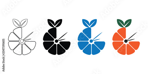 Bild auf Leinwand Orange fruit clock logo set featuring citrus slices with clock hands and leaves in various colors like green blue black and white outline for healthy time management and nutrition planning
