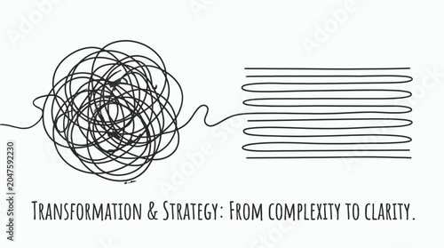 A conceptual illustration depicts transformation from complexity to clarity with tangled lines turning into organized stripes