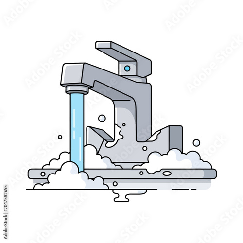Φωτογραφία A modern metal faucet with running water and soap bubbles on a white background