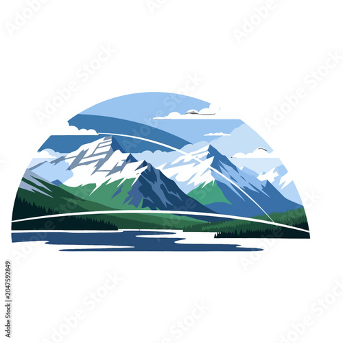 Obraz na plátně A stylized illustration of snow capped mountains reflected in a calm lake