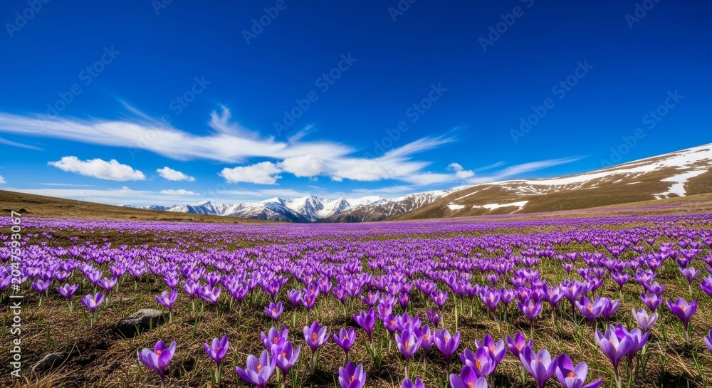 Fototapeta premium High altitude plateau carpeted in purple crocus blossoms stretching to snowy mountains under deep blue sky