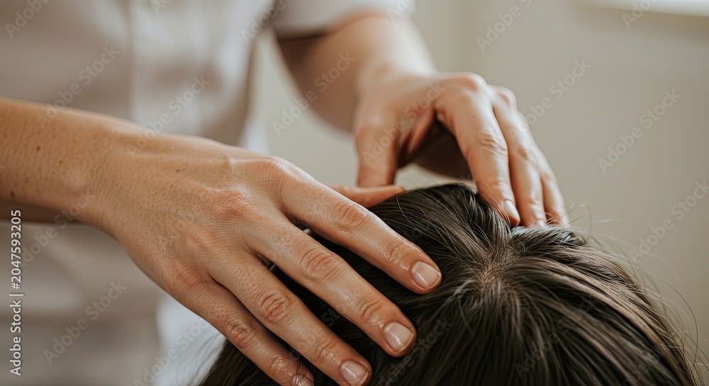 Naklejka premium A skilled therapist gently massages a woman's scalp indoors.