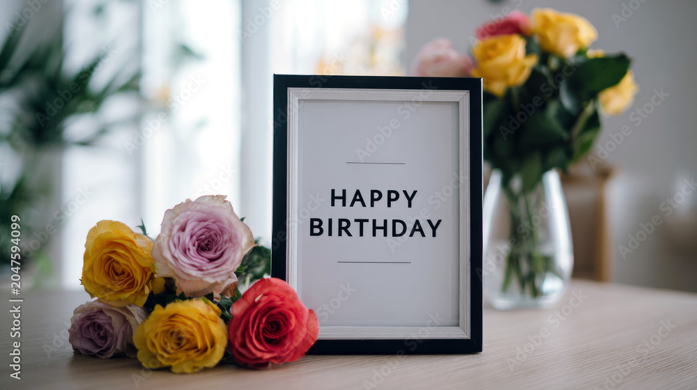 Obraz premium happy birthday greetings in a photo frame with colorful roses