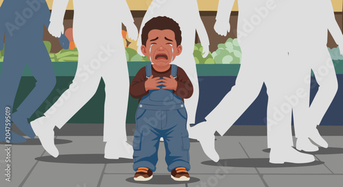 Tableau sur toile Sad crying child feeling lost and alone amidst a crowd of anonymous people