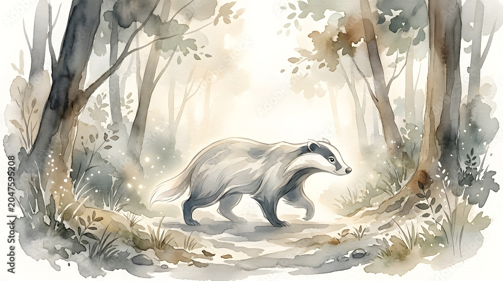 Fototapeta premium Badger walking through a misty forest watercolor illustration, ethereal woodland animal art for nature design and children's storytelling