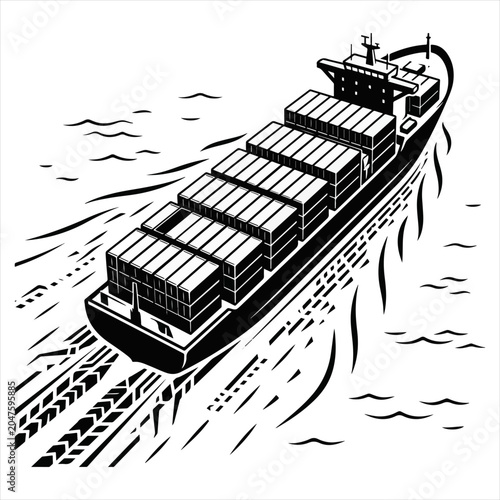 Fotografi Cargo Ship Sailing on Ocean Waves Black and White Vector Illustration