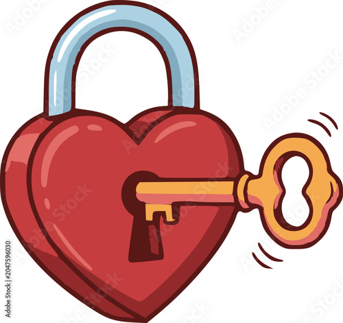 vector illustration with solid color fills and black simulated outlines depicting a romantic heart shaped padlock with a golden key inside a security concept isolated on a white background