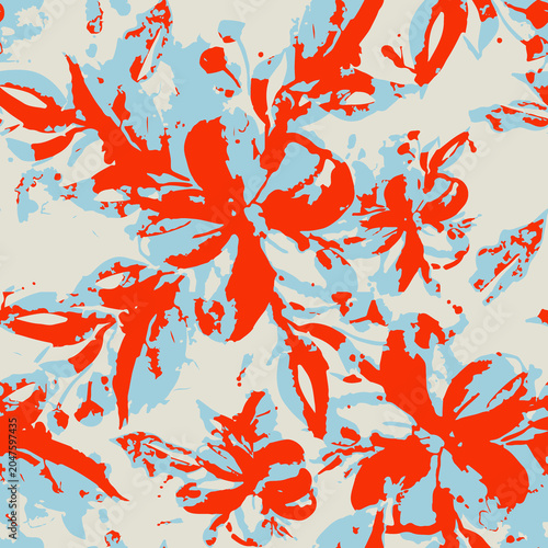 Cuadro en lienzo Modern seamless floral pattern featuring bright orange and light blue painterly