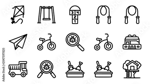 Konstfotografi Playground and Kids Toys Icons Set: Kite, Swing, Hopscotch, Jump Rope, Bike, San