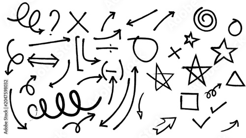 A collection of various hand-drawn doodle arrows, pointers, and simple geometric shapes like stars, circles, and squares on a white background