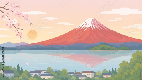 夕焼けに染まる富士山と桜が湖に映る美しい日本の風景