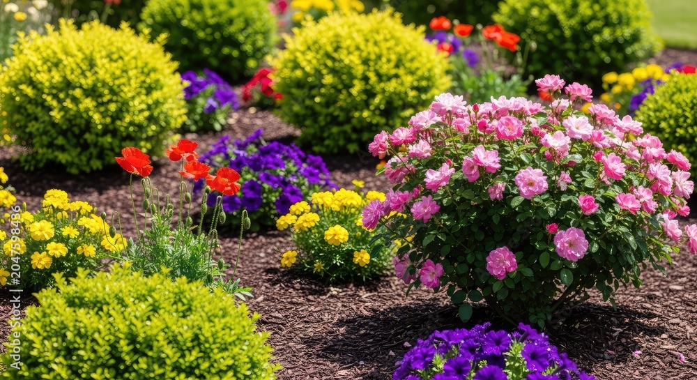 Obraz premium Bright sunny day in a garden where fresh shrubs and colorful flowers are planted in rich dark mulch to create a vibrant outdoor oasis, sunlight, spring, organic