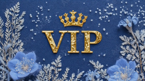 golden vip text with crown surrounded by flowers illustration