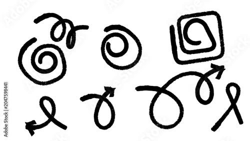 A collection of distressed black hand-drawn spiral shapes and directional arrows with a rough charcoal texture, isolated on a white background