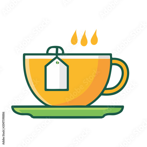 Flat design icon of a yellow tea cup with a tea bag