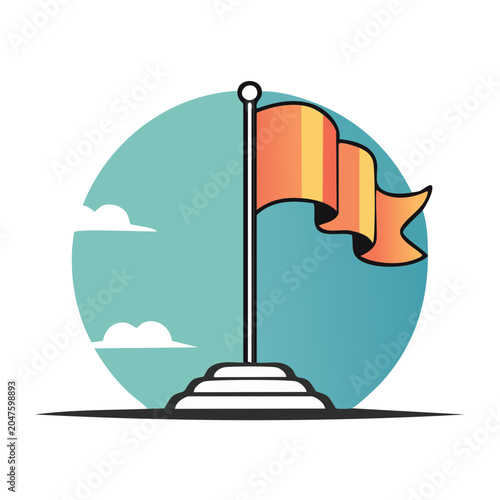 Flat design illustration of a flag on a flagpole with clouds