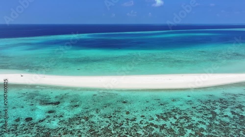 Aerial view of a pristine white sandbank surrounded by turquoise waters and coral reefs in the Indian Ocean at Kendhoo, Baa Atoll, Maldives.