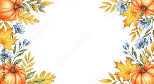 Elegant watercolor autumn border featuring soft orange pumpkins, delicate blue flowers, and golden foliage on a clean white background, card, festive, composition
