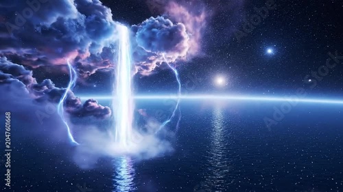 Majestic cosmic waterfall cascades into a tranquil ocean under a starry night sky.