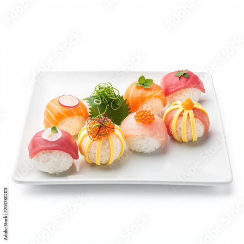 Temari Sushi Decorative Sushi Balls Isolated on White Background Square Composition Studio Shot