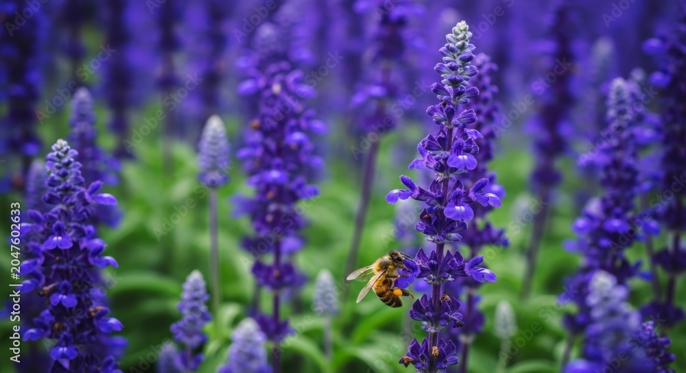 Fototapeta premium Honeybee gathering nectar from a vibrant purple salvia flower spike in a lush field
