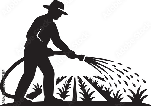 Man watering plants with hose gardening