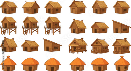 Bild auf Leinwand Traditional Hut and Wooden House Collection with Thatched Roof Cottages, Stilt H