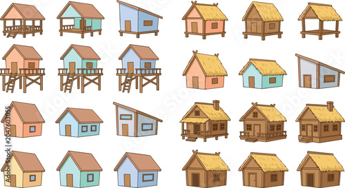 Fotografie Colorful Rural House Collection with Wooden Stilt Homes, Thatched Roof Cottages,