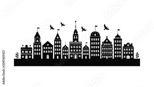 Quadro su tela Black and white of a large victorian style building with flying birds architectu