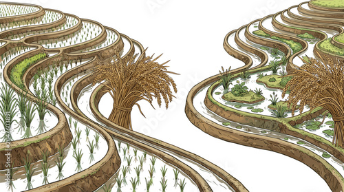 Fotografi Hand Drawn Rice Terrace Landscape Illustration Collection with Agricultural Padd
