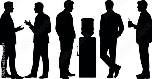 Foto Businessmen silhouettes standing by a water cooler dispenser talking communicati