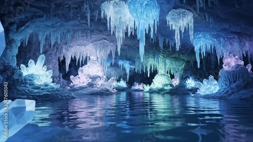 Magical ice cave with shimmering crystals and reflective water, creating an enchanting, otherworldly atmosphere.