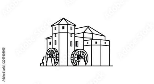 Watermill Building with Two Wheels.