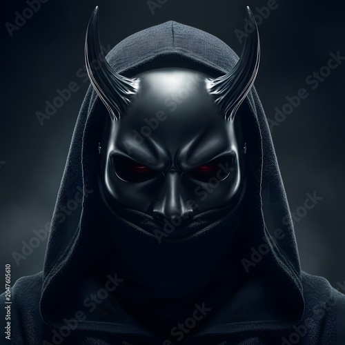 Demon mask featuring sharp horns and glowing red eyes is worn by a figure in a dark hood.