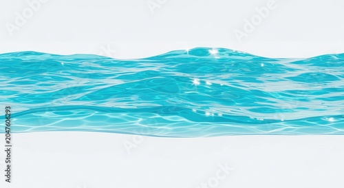 Vibrant turquoise water waves with sparkling light reflections and soft ripples flowing over a minimalist white surface in a wide shot, crystal, calm, shimmer