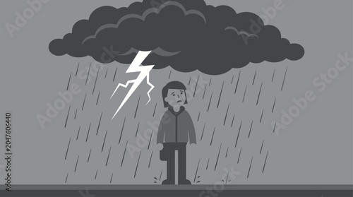 Fotografie A man stands under a rainy stormy weather with a lightning bolt.