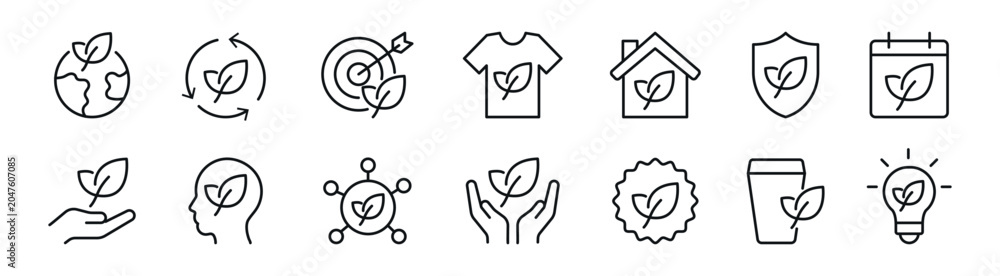 Obraz premium Eco Sustainability Line Icons Set With Leaf Nature Environment Symbols