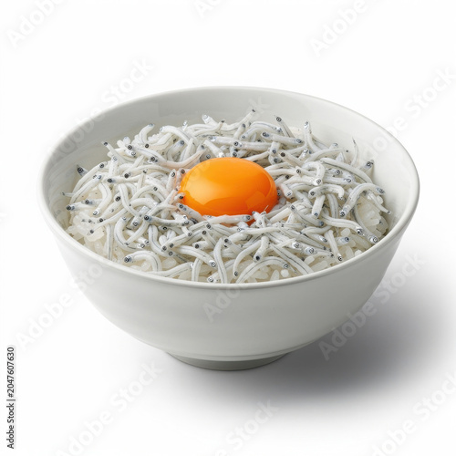 Shirasudon Whitebait Rice Bowl Isolated on White Background Square Composition Studio Shot