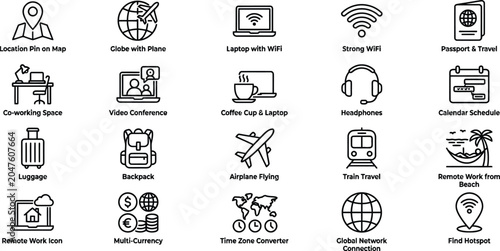 Bild auf Leinwand Black line vector icon set of digital nomad lifestyle remote work travel element