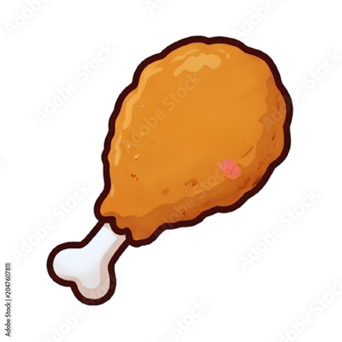 Fried Chicken Drumstick Illustration, Crispy Golden Brown Poultry Leg in Cartoon Style, Fast Food Icon