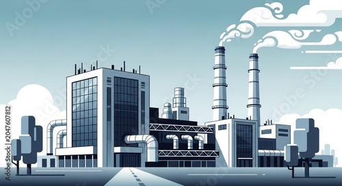 Foto Modern industrial factory complex with smoking chimneys.