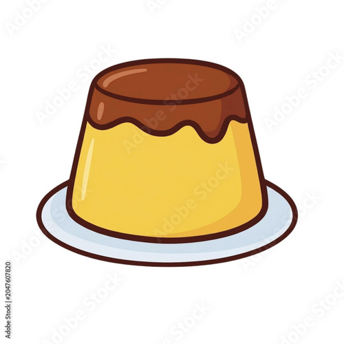 Caramel Custard Pudding Illustration, Creme Caramel Dessert on Plate in Cartoon Style, Purin or Flan Cake