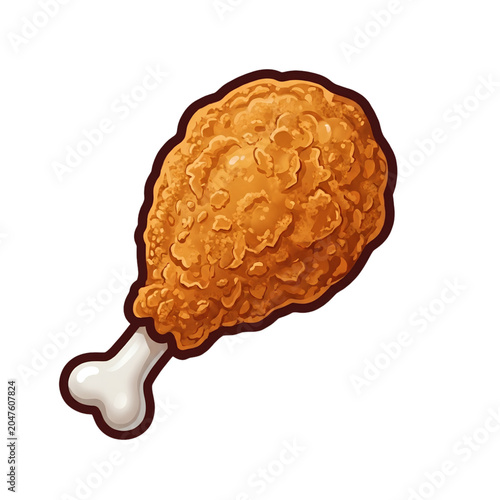 Crispy Fried Chicken Drumstick Illustration, Crunchy Golden Brown Poultry Leg in Cartoon Style, Fast Food Icon