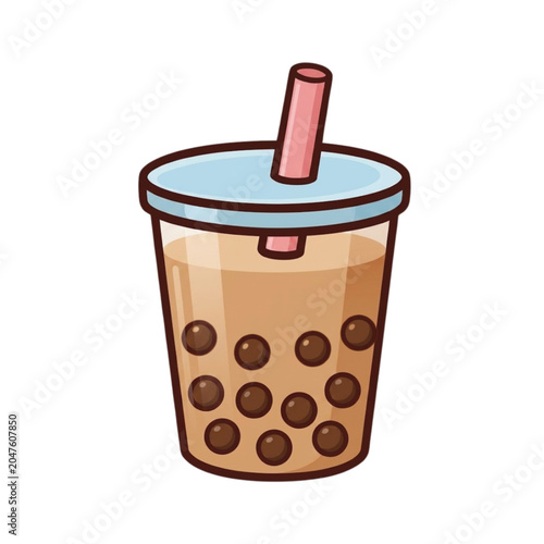 Bubble Milk Tea Illustration, Brown Tapioca Pearl Drink in Plastic Cup with Lid and Straw, Cartoon Style Boba Tea