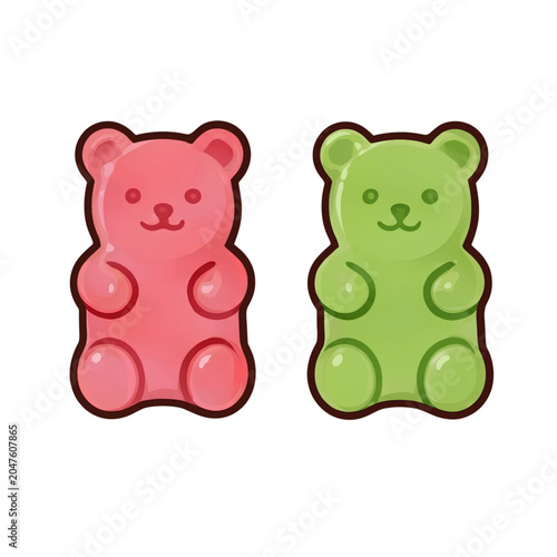 Gummy Bears Candy Illustration, Red and Green Jelly Bear Sweets in Cartoon Style, Cute Confectionery Icons
