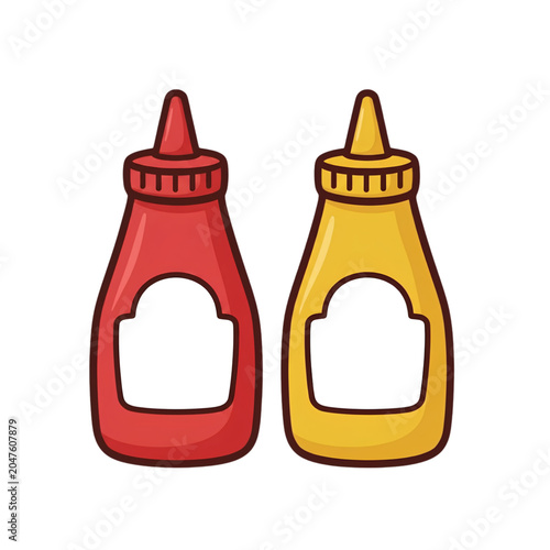 Ketchup and Mustard Squeeze Bottles Illustration, Red Tomato Sauce and Yellow Mustard Plastic Containers with Blank Labels, Cartoon Style Condiment Icons